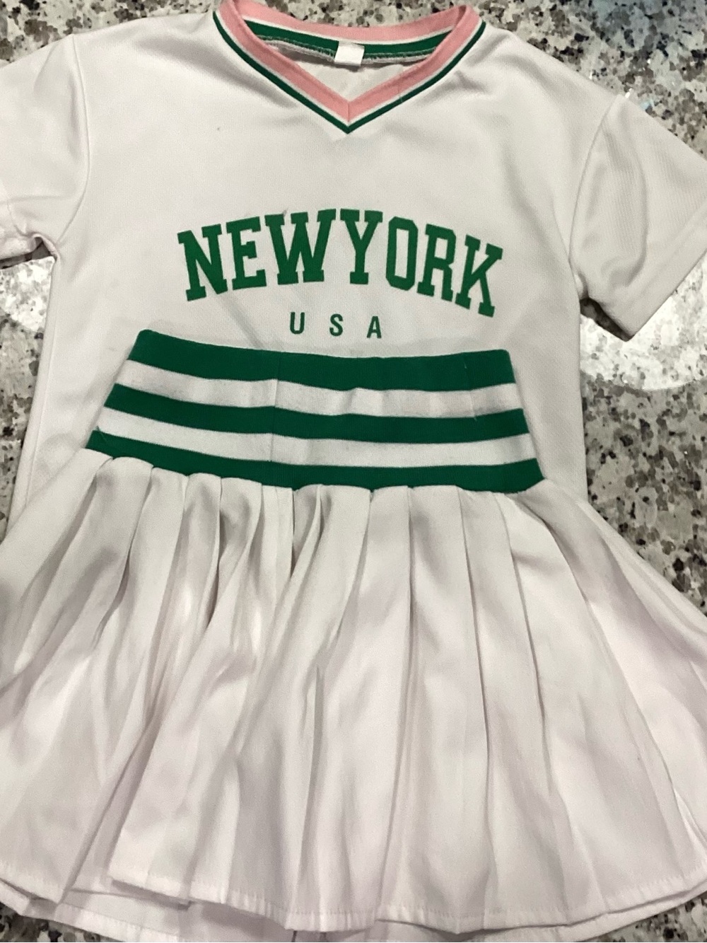 SHEIN White Tee Dress with Green Lettering and Waist Stripes Size 2-3Y